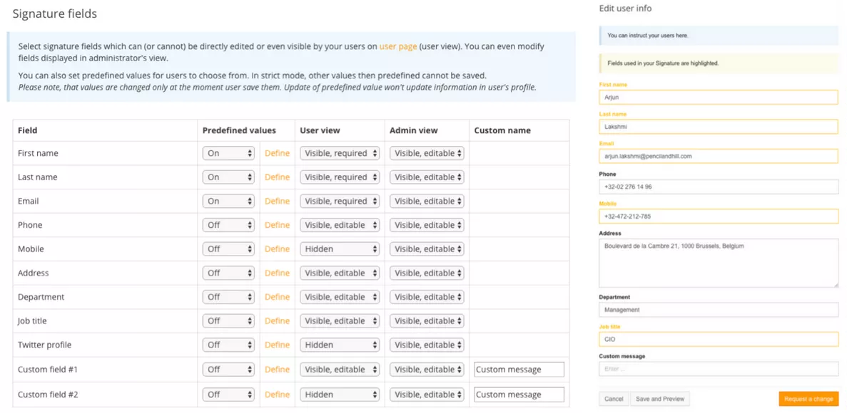 Email settings fields in app